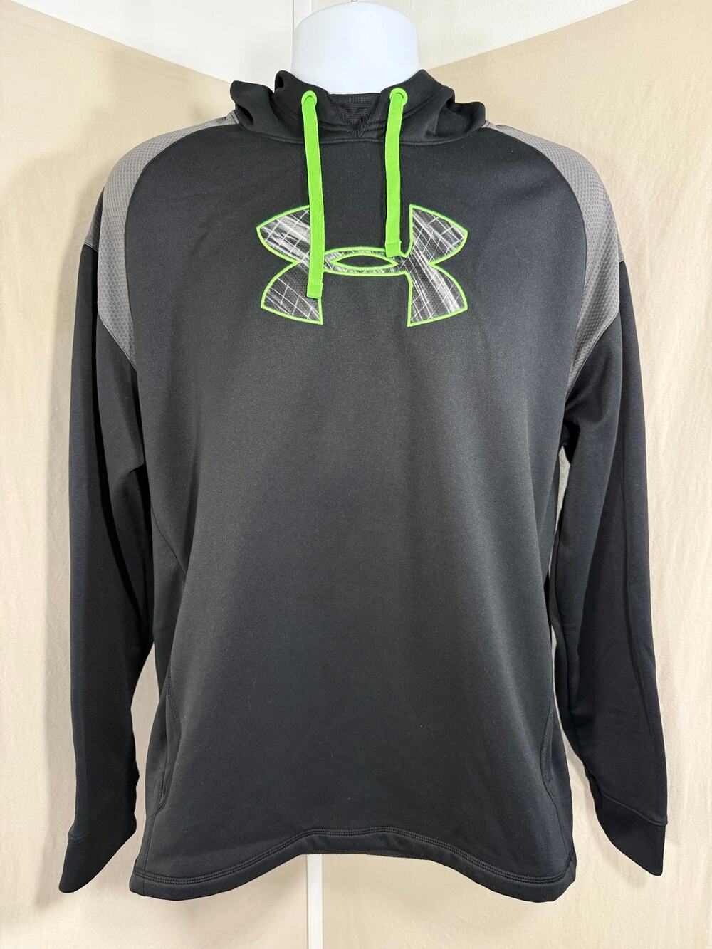 Under Armour Storm Black Grey Lime Green Plaid Big Logo Fleece Hoodie XL